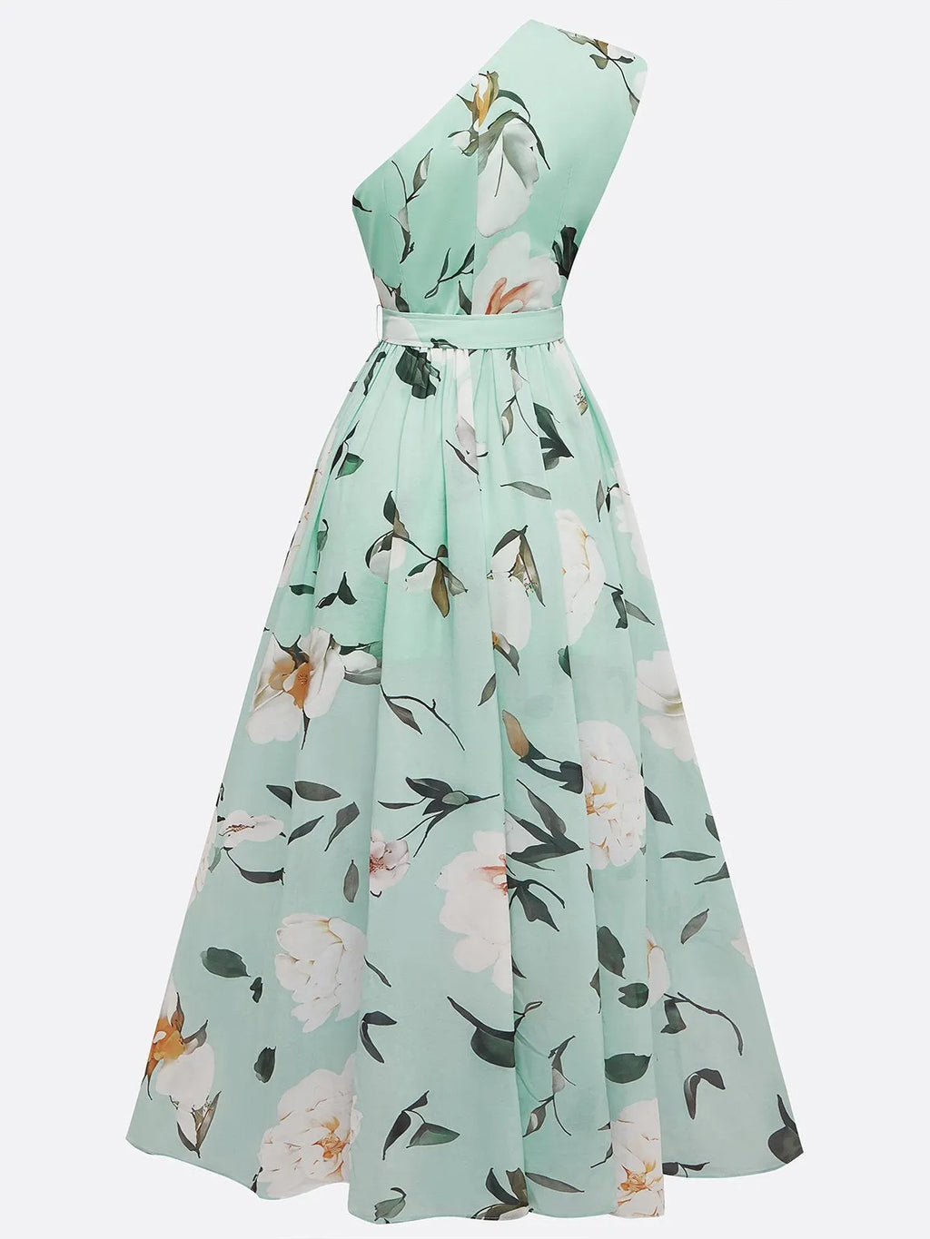 Lightgreen Ruched Slit Chiffon One Shoulder Sleeveless A-Line Floor-length Gown Dress