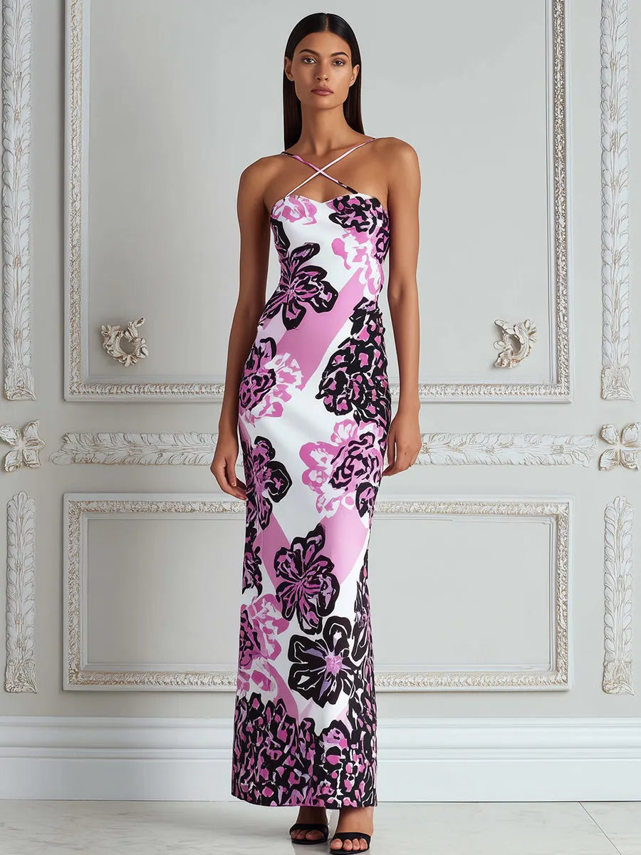 Cross-Strap Strapless Floral Bodycon Maxi Dress