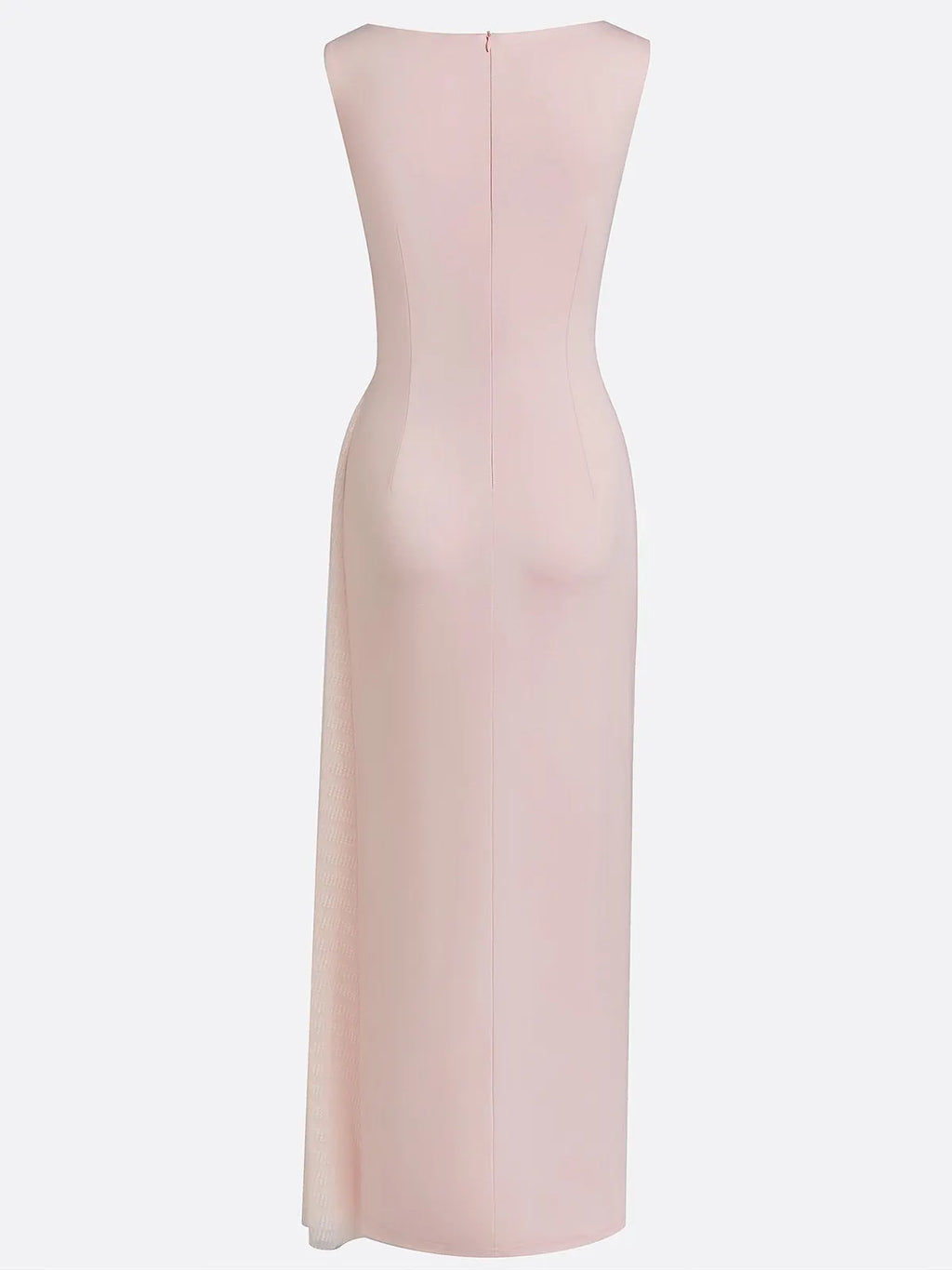 Pink Mesh Ruched Knit Boat Neck Sleeveless Sheath Maxi Dress