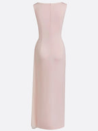 Pink Mesh Ruched Knit Boat Neck Sleeveless Sheath Maxi Dress