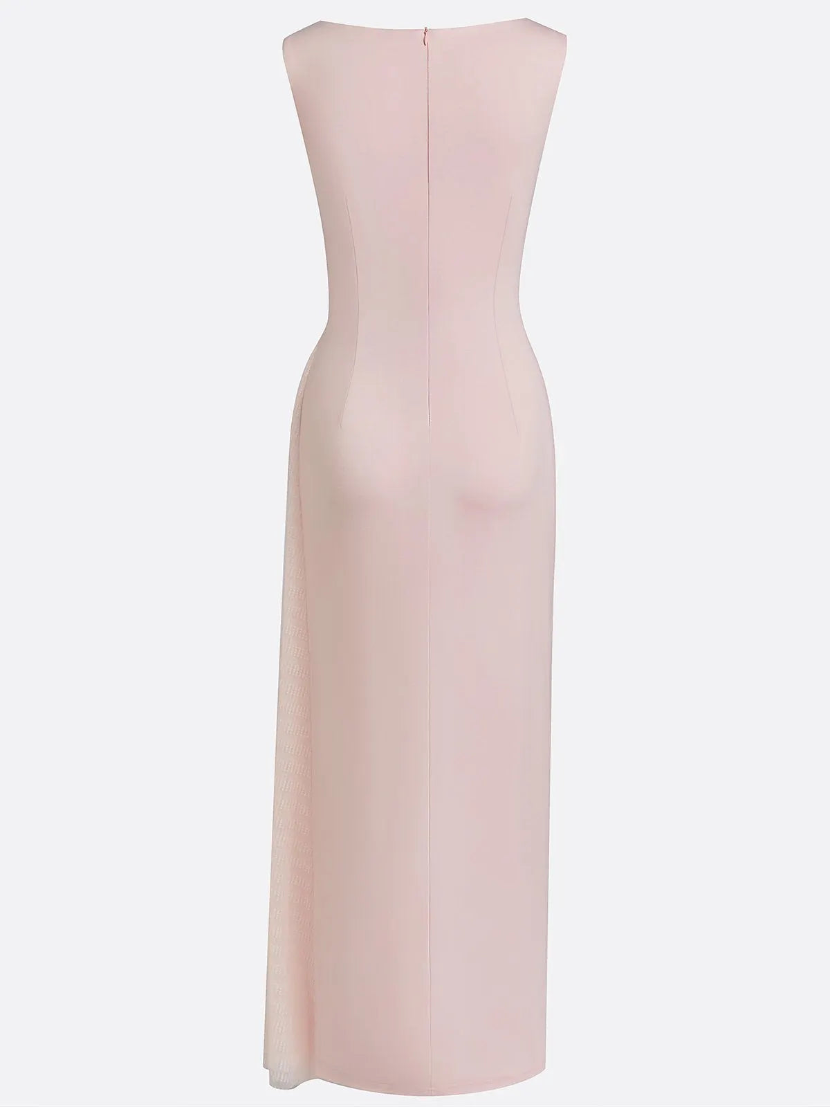 Pink Mesh Ruched Knit Boat Neck Sleeveless Sheath Maxi Dress