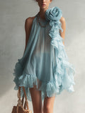 Blue Chiffon Mini Dress With Ruffles And 3D Floral