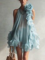 Blue Chiffon Mini Dress With Ruffles And 3D Floral