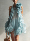 Blue Chiffon Mini Dress With Ruffles And 3D Floral