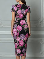 Black Floral Print Short Sleeve Bodycon Midi Dress