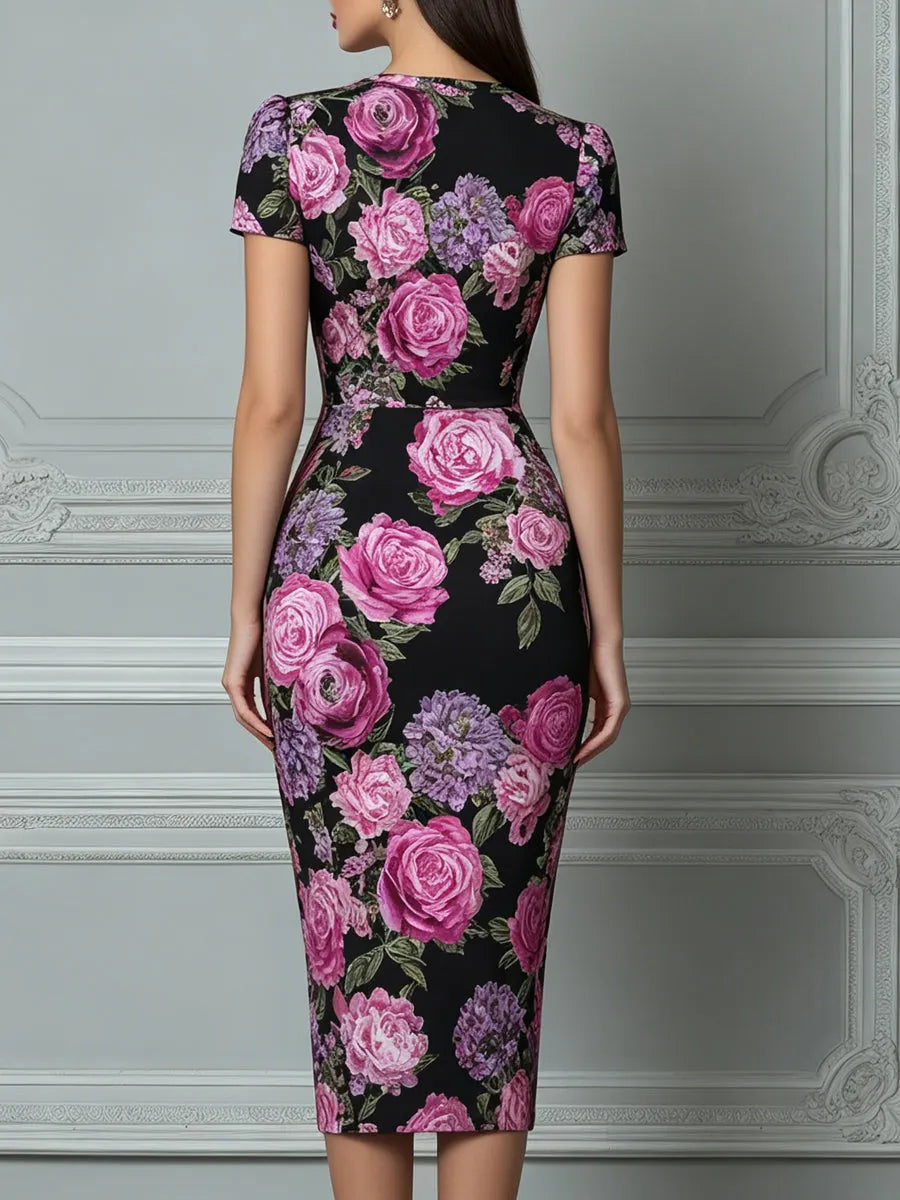 Black Floral Print Short Sleeve Bodycon Midi Dress