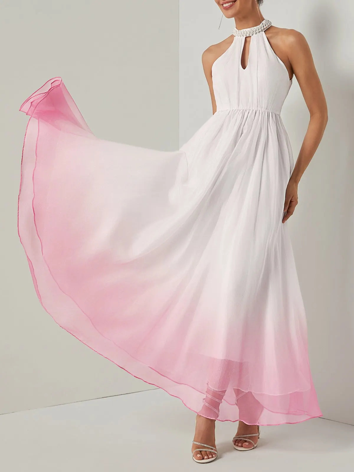 White Pink Chiffon Halter Ombre Imitation Pearl Cut Out Sleeveless A-Line Mock Neck Maxi Dress