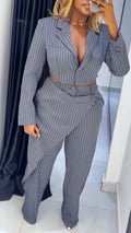 Striped Cropped Blazer & Wrap Overlap Pant Suit