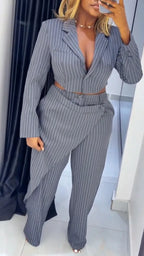 Striped Cropped Blazer & Wrap Overlap Pant Suit