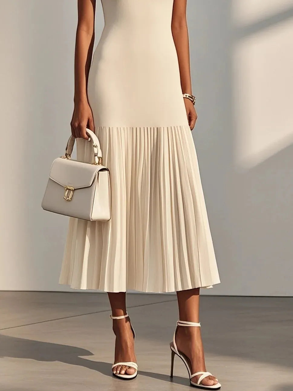 Beige Pleated Knit Crew Neck Sleeveless A-Line Midi Jersey Dress