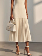 Beige Pleated Knit Crew Neck Sleeveless A-Line Midi Jersey Dress