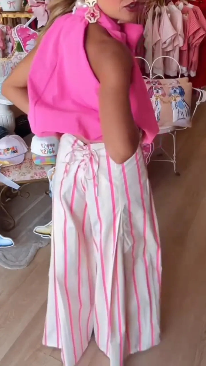 Bow Halter Top & Pink Stripe Wide Leg Pants Set