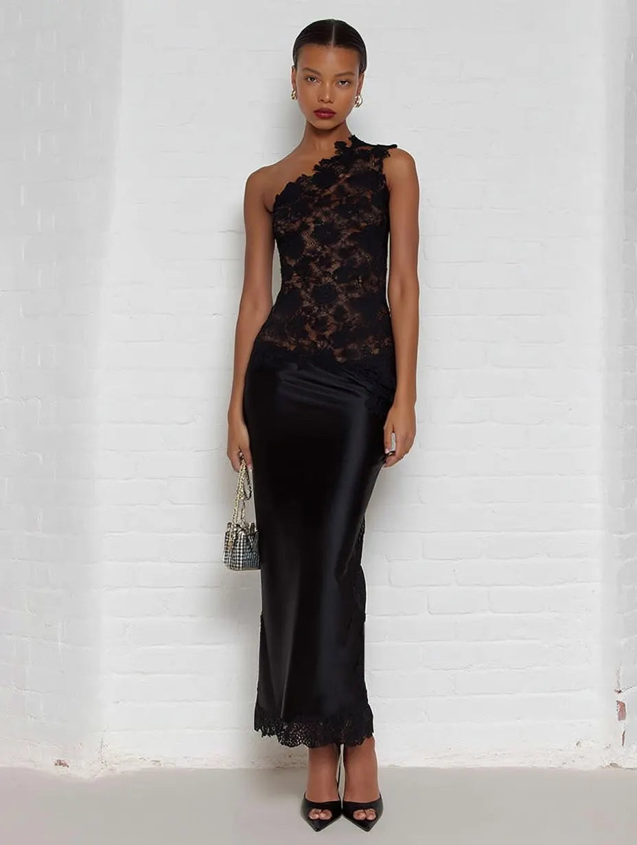 Black Lace One Shoulder Sleeveless Sheath Maxi Dress