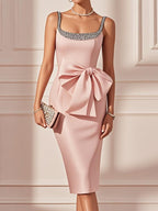 Purplish Blue Hotfix Embellished Bow Satin Square Neck Sleeveless Sheath Midi Dress