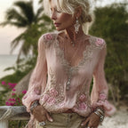 Boho Pink Roses Glitter Lace Flowy Linen Tunic