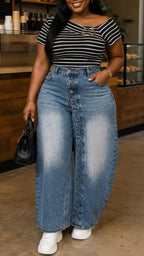 Button Front Wide Leg Denim Pants