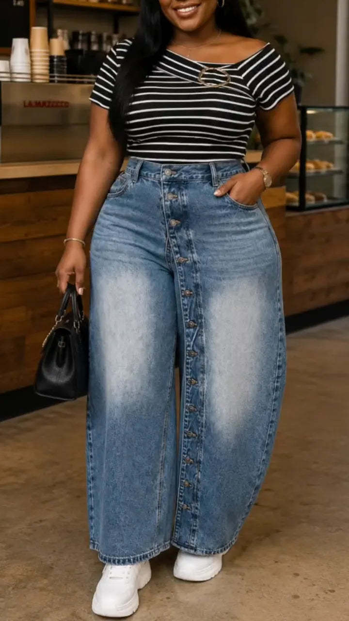 Button Front Wide Leg Denim Pants