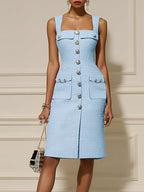 Pink Buckle Pocket Stitching Tweed Spaghetti Sleeveless Sheath Midi Dress
