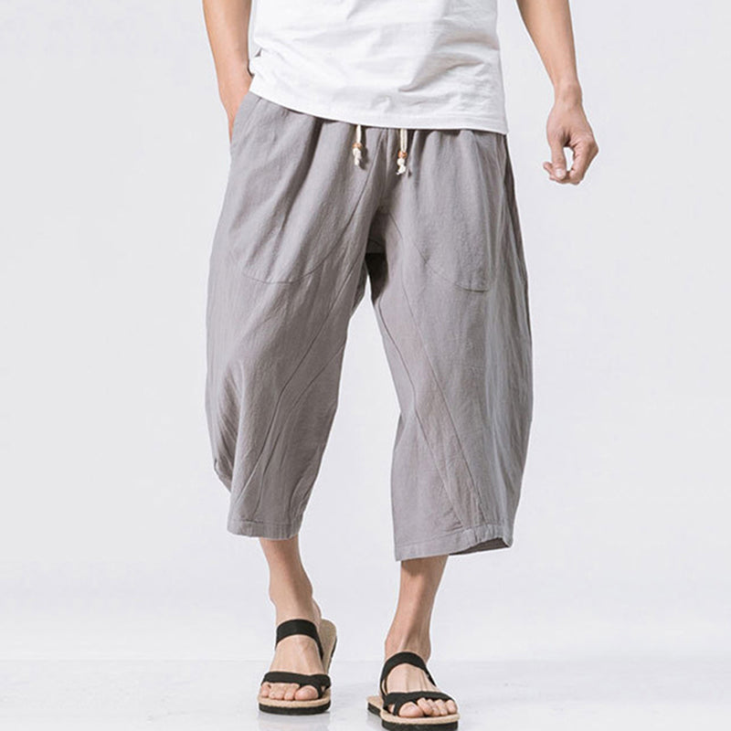 Men's Vintage Japanese Pocket Cotton Linen Casual Capri Pants
