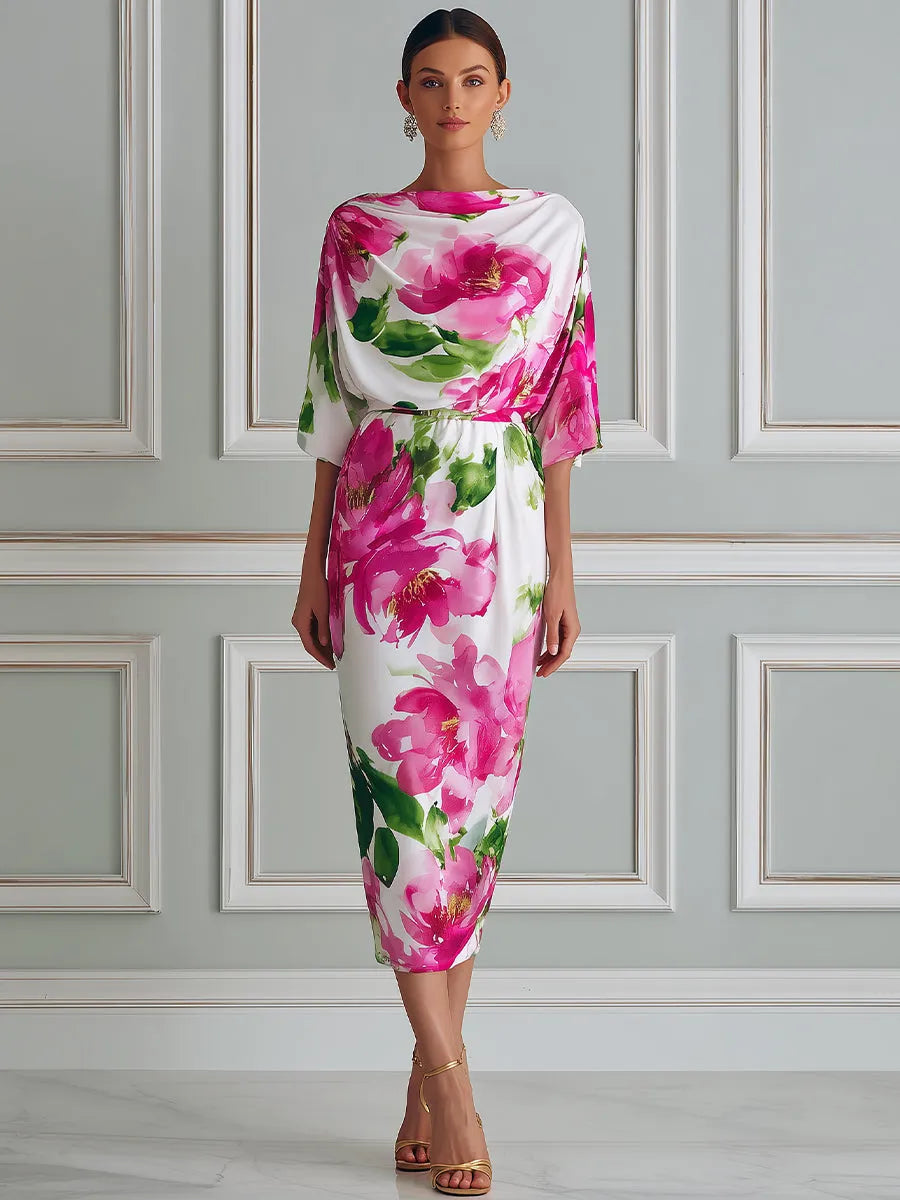 Elegant Floral Draped Midi Dress
