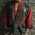 Japanese Cherry Blossoms Cranes Patchwork Art Linen Kimono Cardigan