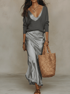 Effortless Ivory Knit & Satin Midi Ensemble