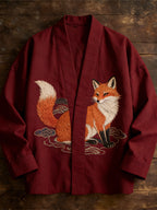 Japanese Fox Embroidered Totem Men's Linen Kimono
