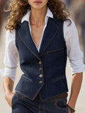Retro-style Collared Multi-pocket Single-breasted Denim Vest