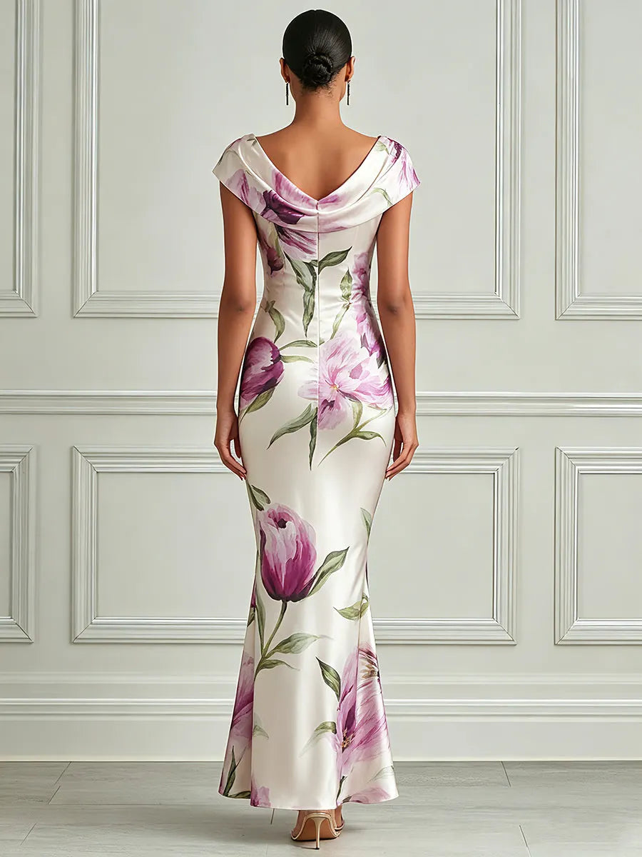 Elegant Floral Cowl-Neck Mermaid Dress