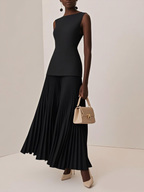 Off White Pleated Classic Boat Neck Sleeveless A-Line Floor-length Gown Dress