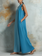 Two-Tone Washed Denim Sleeveless Maxi Dress With Side Slit