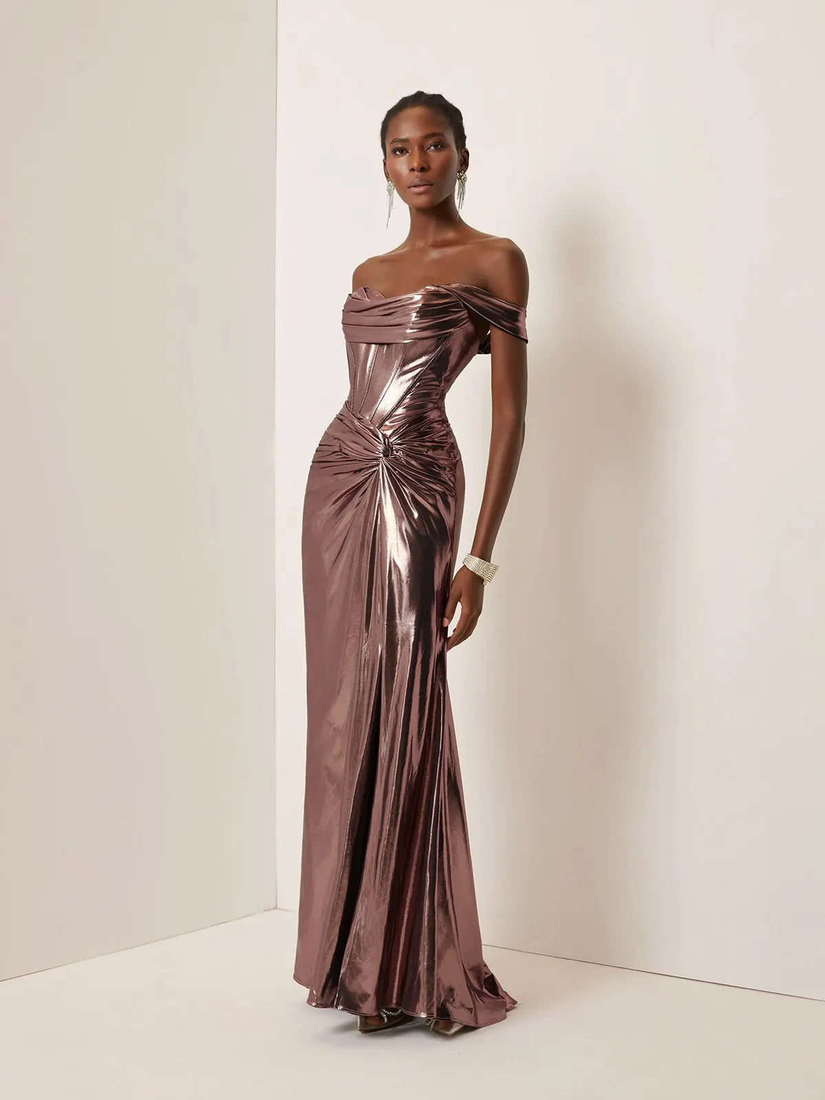 Dark Rose Glod Metallic Ruched Satin Off The Shoulder Sleeveless Sheath Corset Maxi Dress