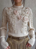 Classy Roses Pearls Beaded Turtleneck Cozy Knit Sweater