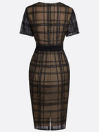 Black Organza Plaid Classic V Neck Short Sleeve Sheath Midi Dress