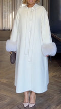 White Faux Fur Cuff Long Wool Coat