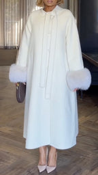 White Faux Fur Cuff Long Wool Coat