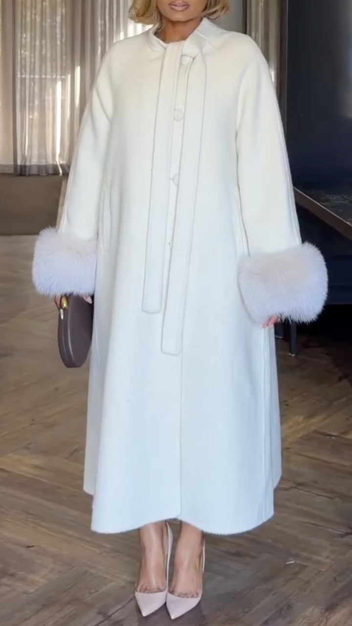 White Faux Fur Cuff Long Wool Coat