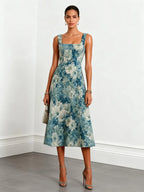 Blue Jacquard Classic Square Neck Sleeveless A-Line Midi Dress