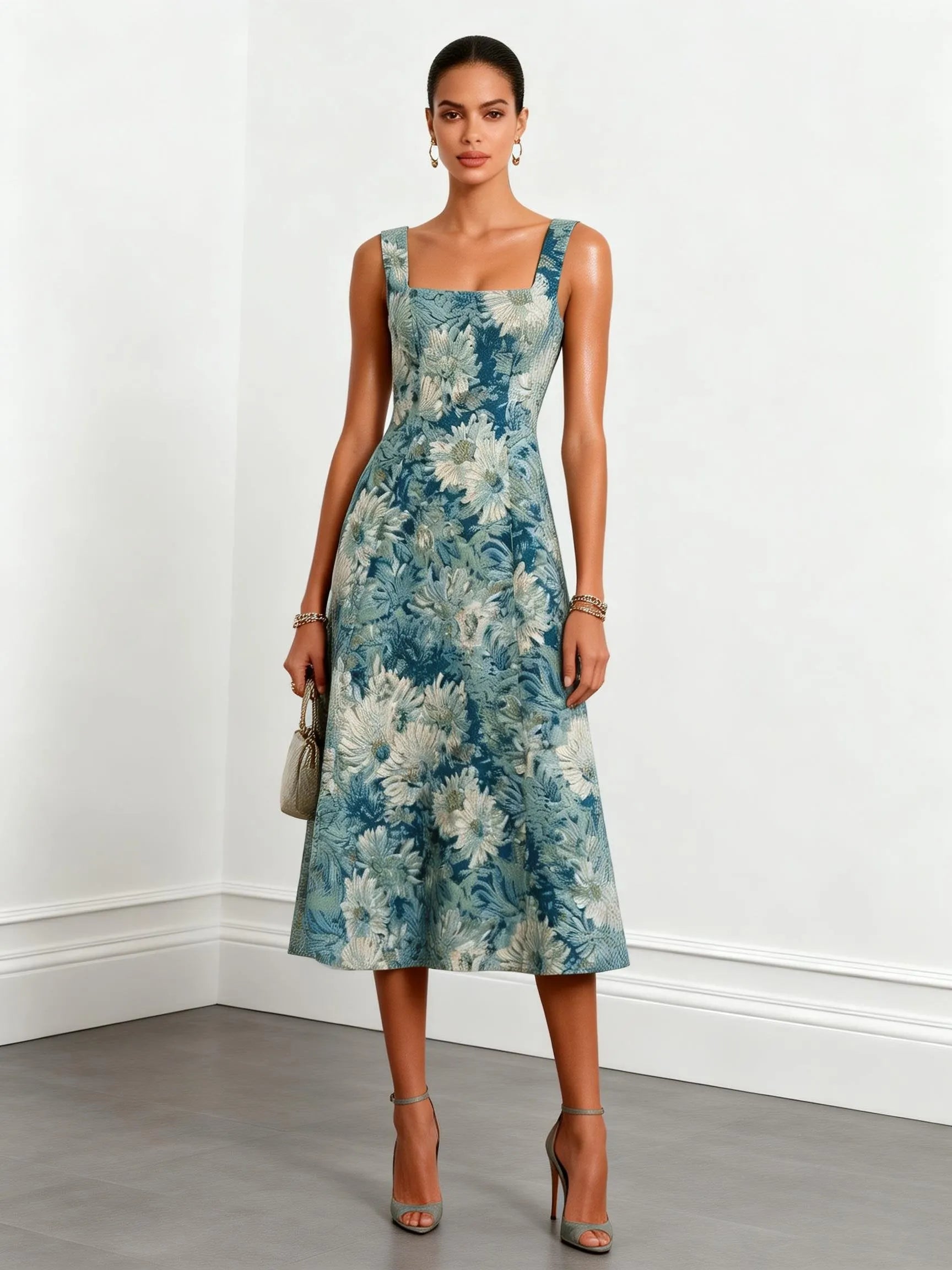 Blue Jacquard Classic Square Neck Sleeveless A-Line Midi Dress