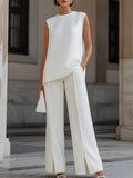 Sleeveless A Round Neck Top & High Waist Split Wide Leg Pants Two Piece Set