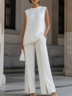 Sleeveless A Round Neck Top & High Waist Split Wide Leg Pants Two Piece Set