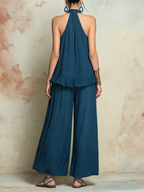 Teal Tencel Denim Halter Ruffle Top & Wide Leg Pants Set | Boho Relaxed Two-Piece Outfit