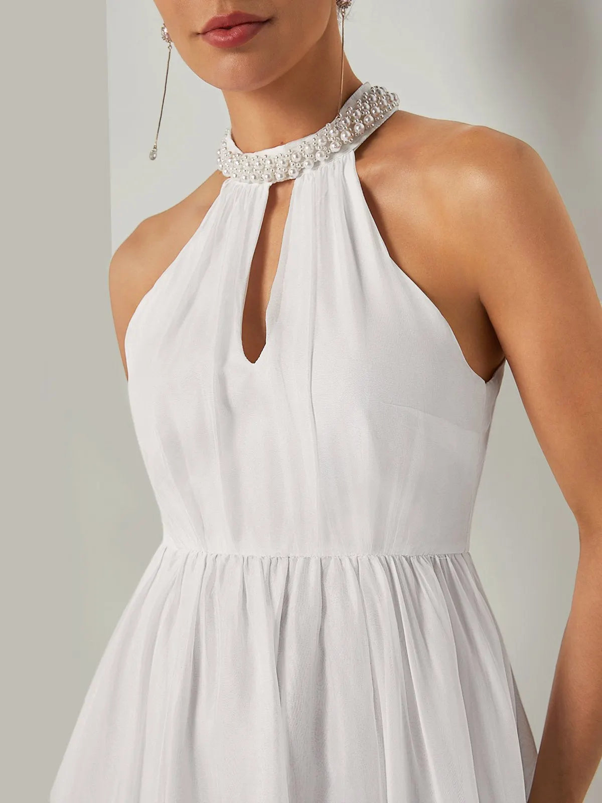 White Pink Chiffon Halter Ombre Imitation Pearl Cut Out Sleeveless A-Line Mock Neck Maxi Dress