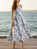 Maxi Cotton Dress, Sleeveless, Strapless, Floral, Vacation, Vintage, Blue