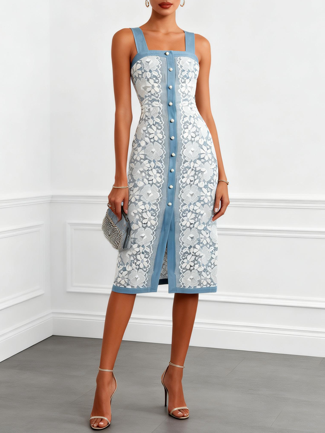 Light Blue Buckle Lace Denim Square Neck Sleeveless Sheath Midi Dress