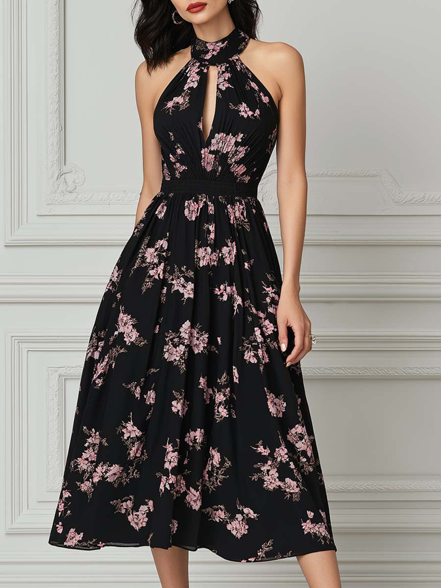 Black Pink Floral Halter Neck Keyhole Midi Dress