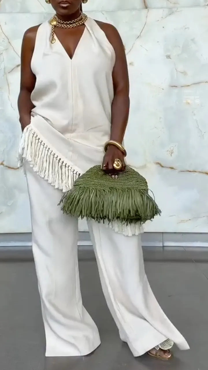 Fringe Halter Top & Flared Pants Two Piece Suit