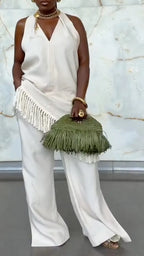 Fringe Halter Top & Flared Pants Two Piece Suit