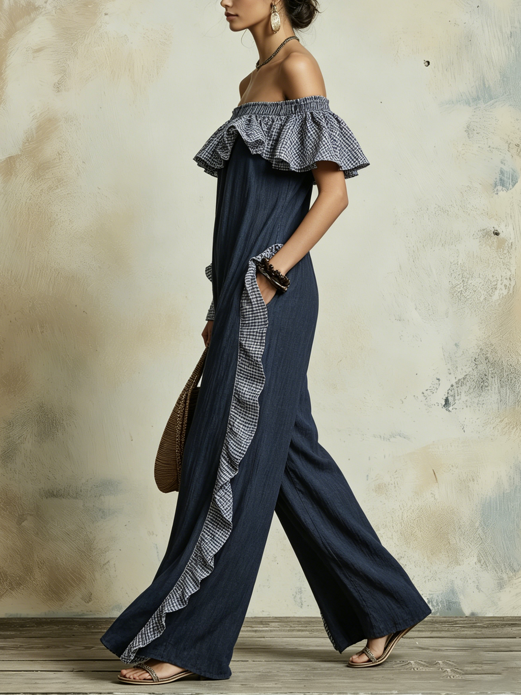 Off-Shoulder Ruffled Gingham Trim Crinkled Denim Wide-Leg Jumpsuit