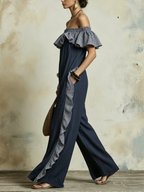 Off-Shoulder Ruffled Gingham Trim Crinkled Denim Wide-Leg Jumpsuit